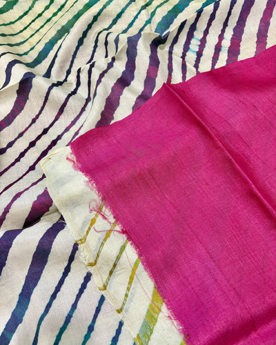 Tussar Silk Leheriya Saree - Natural White Bold